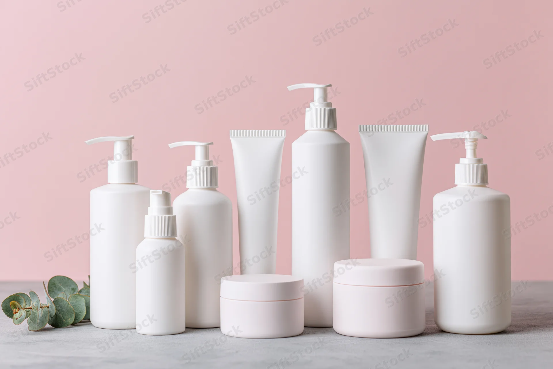 White blank skincare bottles and tubes arranged on a concrete surface with eucalyptus leaves against a pink background