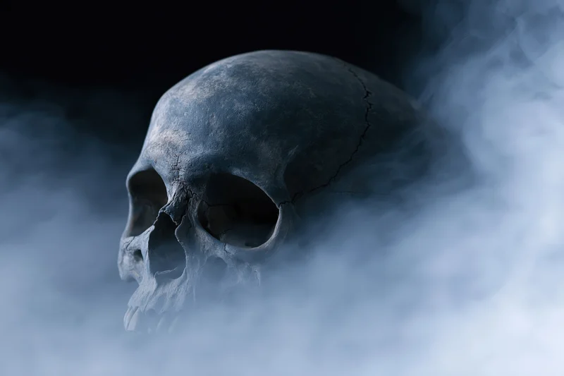 Cracked human skull with detached jaw emerging from thick smoke
