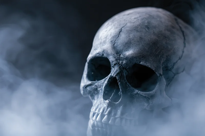 Cracked human skull with detached jaw emerging from thick smoke