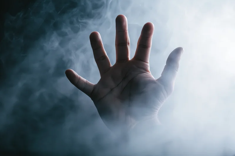 A human hand reaching forward with fingers splayed through swirling smoke