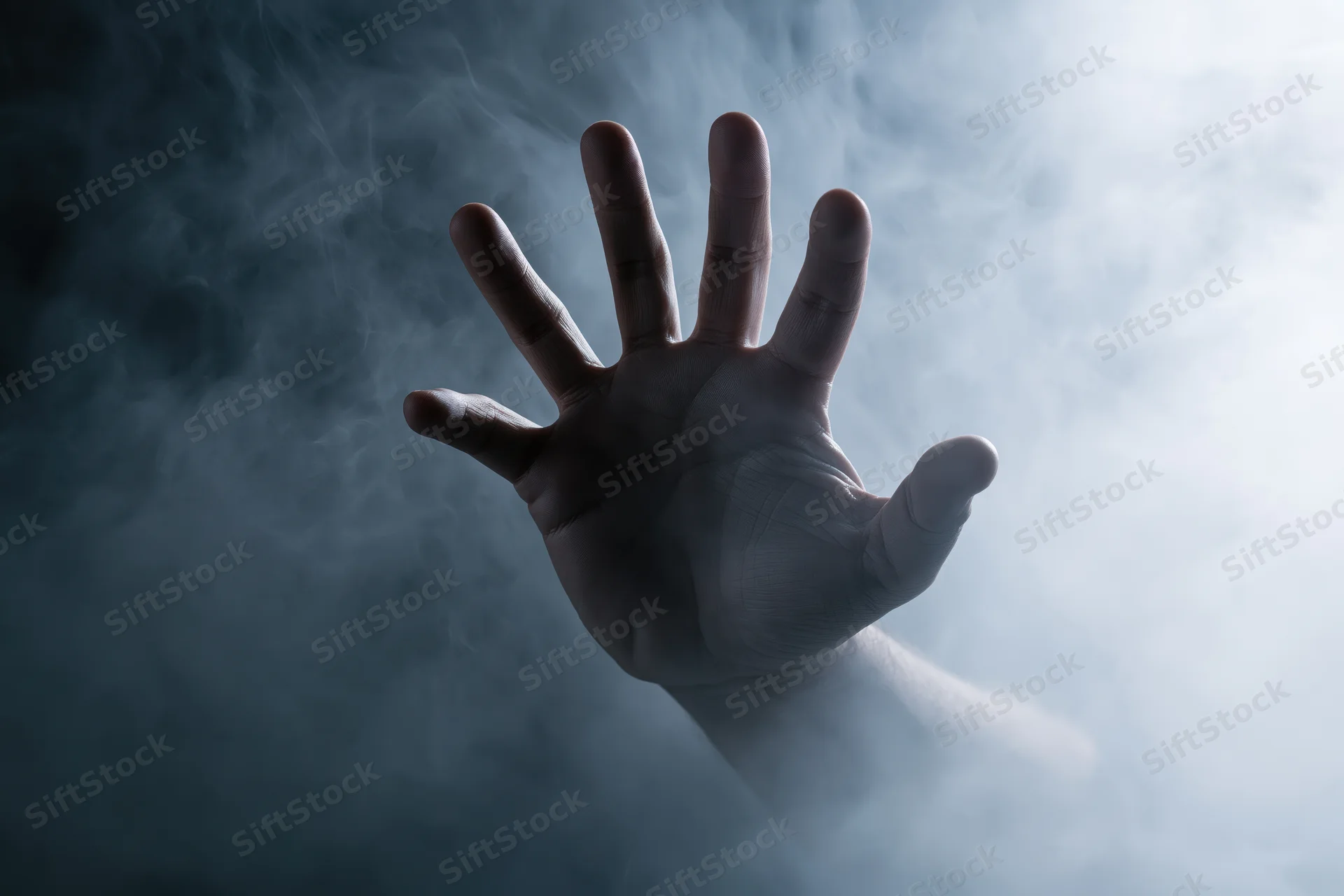 A human hand reaching forward with fingers splayed through swirling smoke and mist
