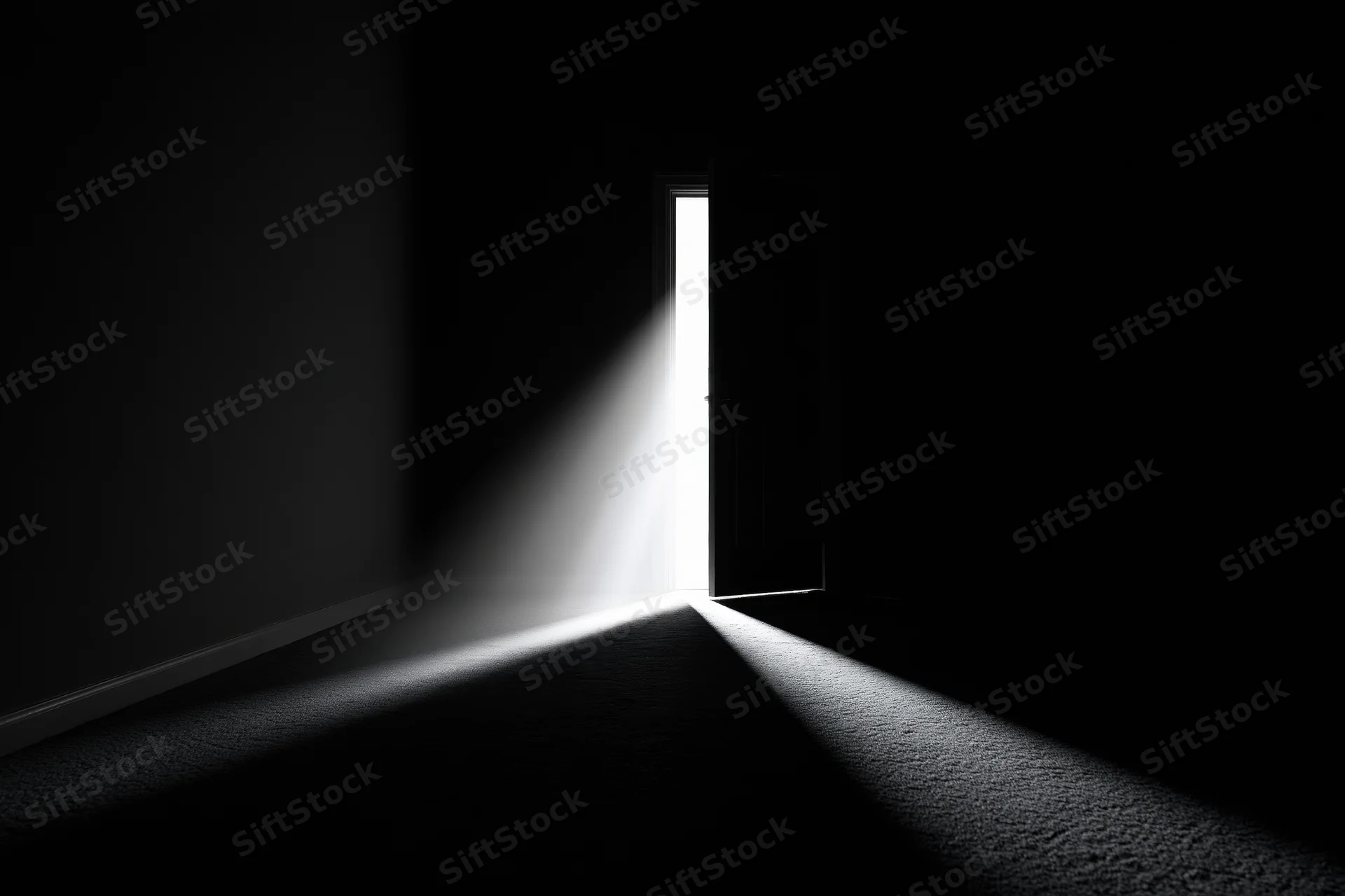 A slightly open door in a dark room casting a bright beam of light across the carpeted floor