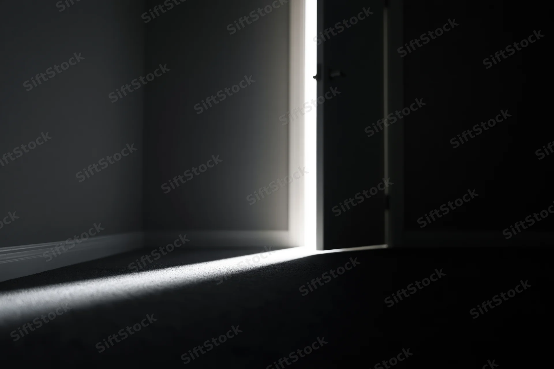 Slightly open door letting bright light into dark empty room