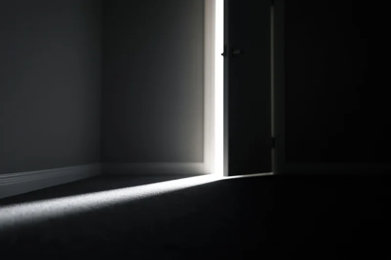 Slightly open door letting bright light into dark empty room