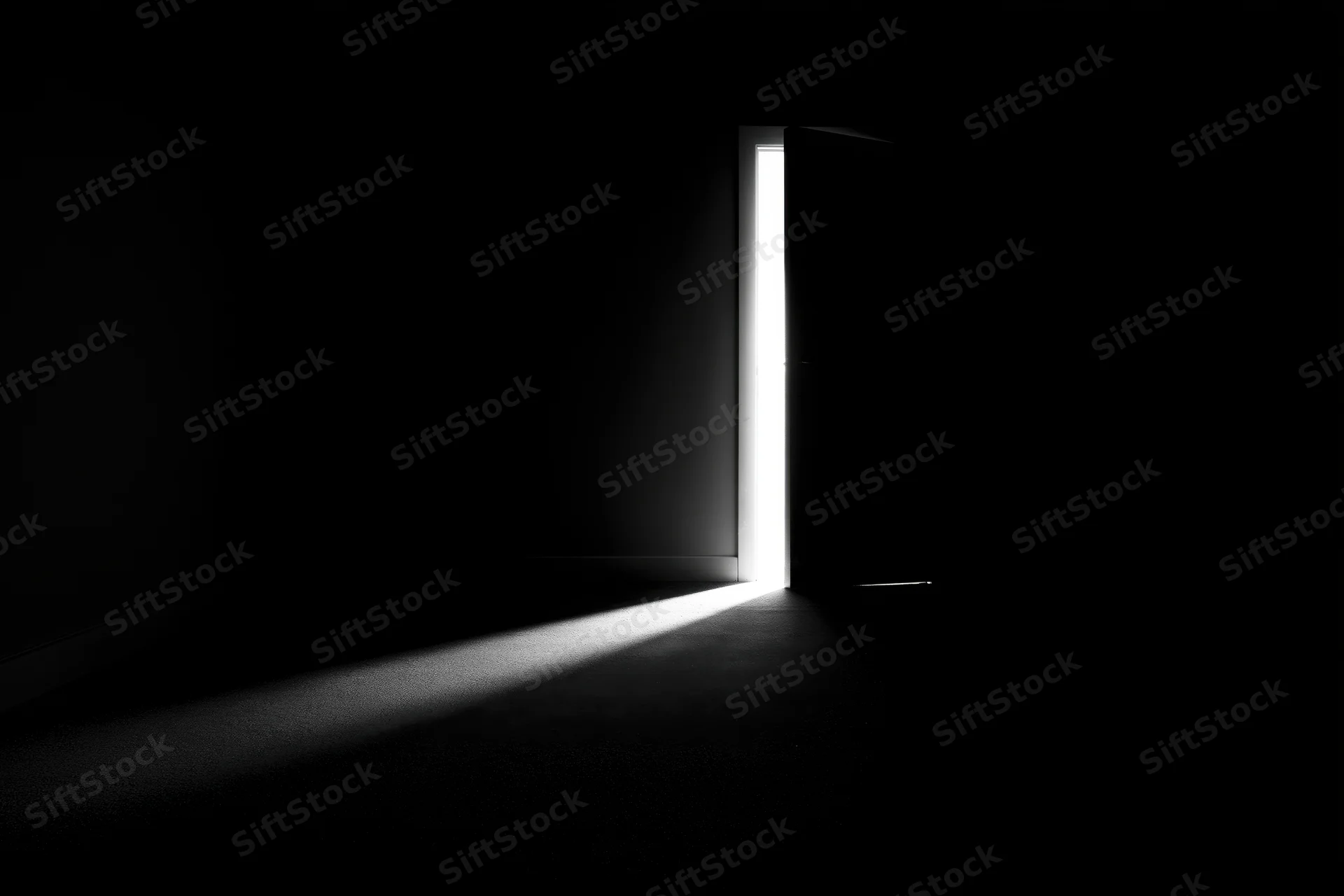 A slightly open door in a dark room letting in a beam of bright white light
