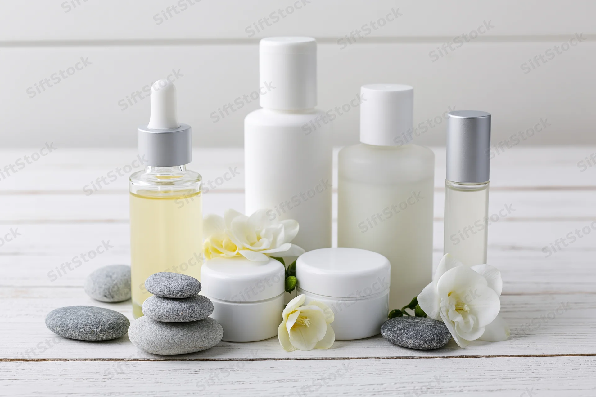 White minimalist skincare bottles and jars arranged with flowers and pebbles on a wooden surface