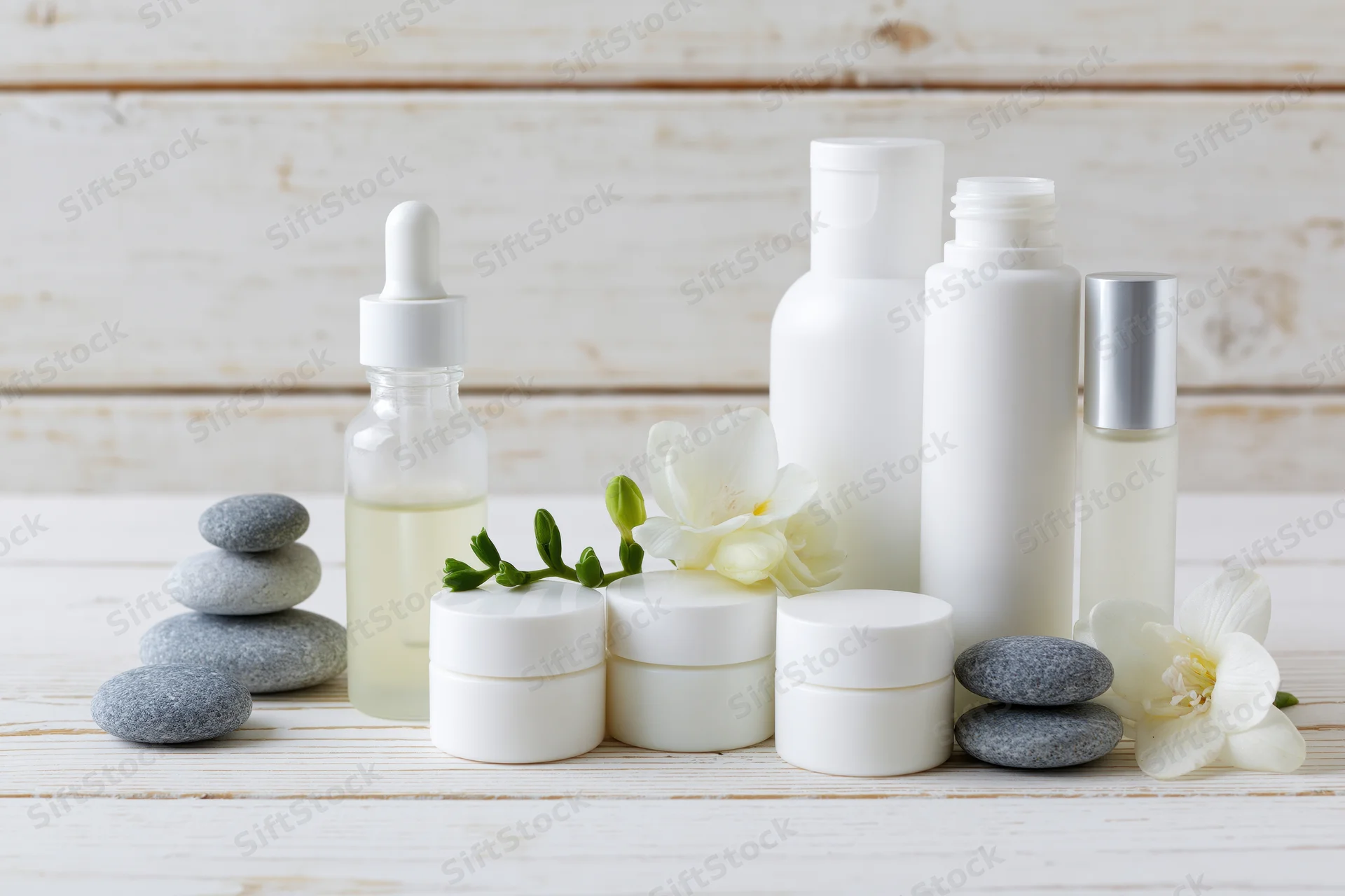 White minimalist skincare bottles and jars arranged with orchid flowers and smooth stones on a wooden surface