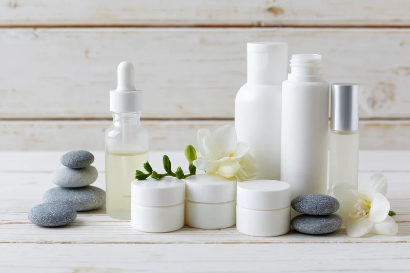 White minimalist skincare bottles and jars arranged with orchid flowers and smooth stones on a wooden surface