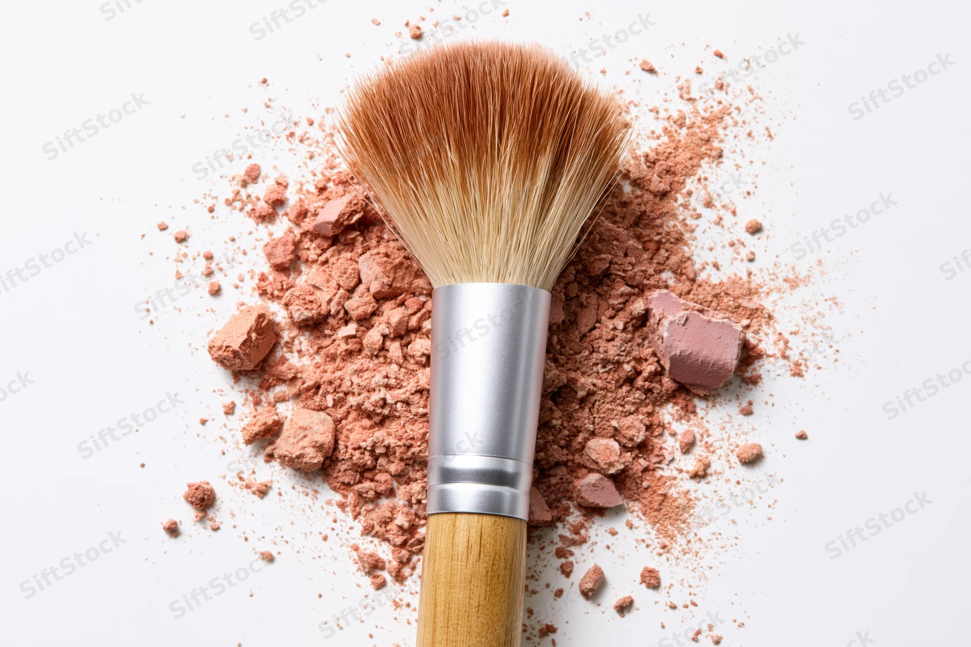 Fluffy makeup brush with wooden handle and silver ferrule resting on scattered blush powder on white background