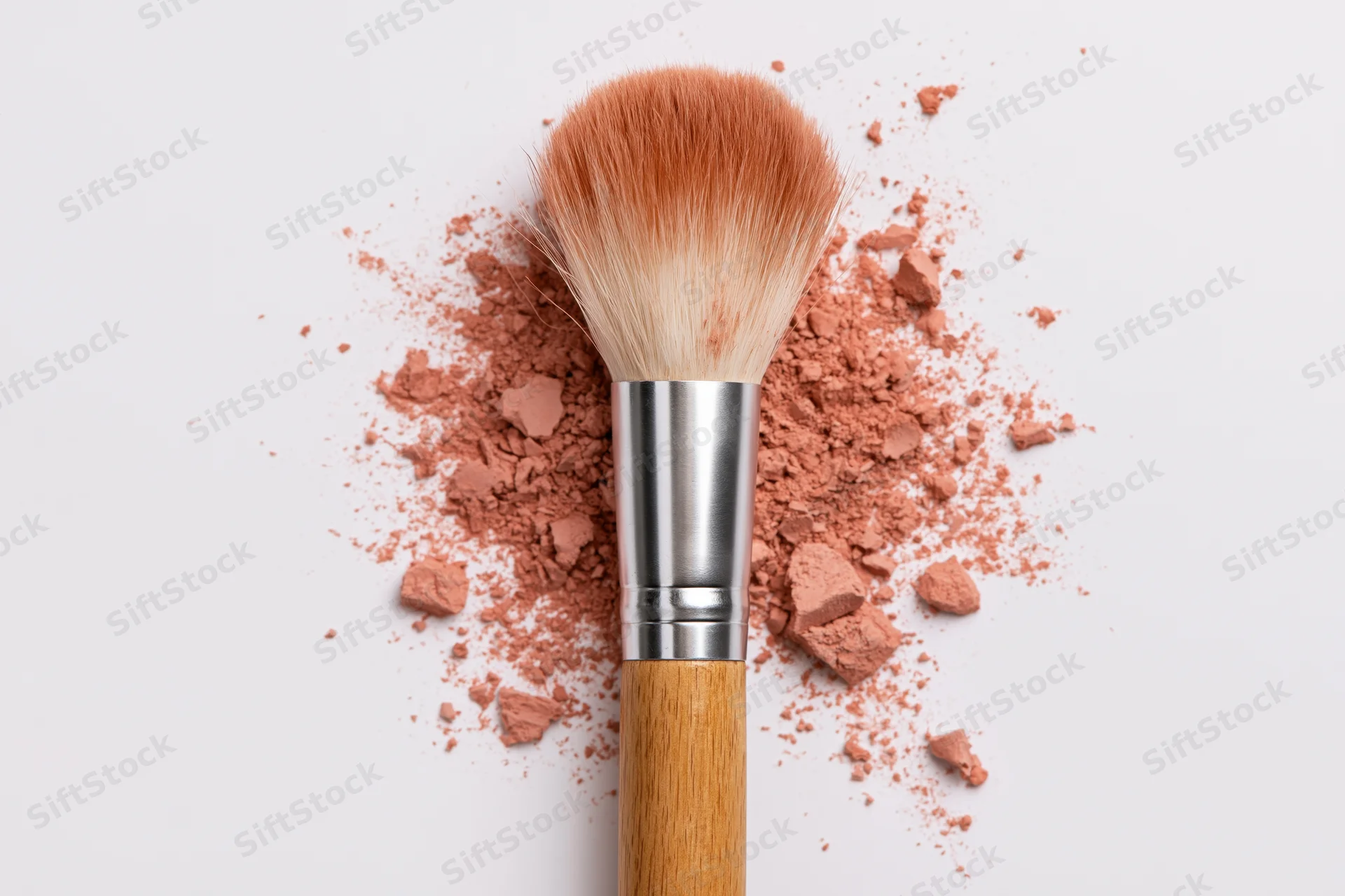 Fluffy makeup brush with crushed blush powder on white background