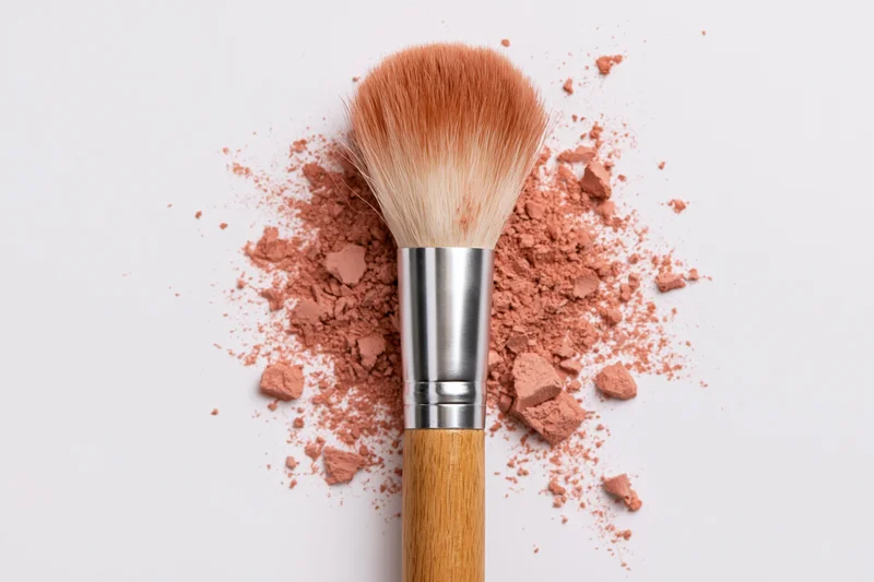 Fluffy makeup brush with crushed blush powder on white background