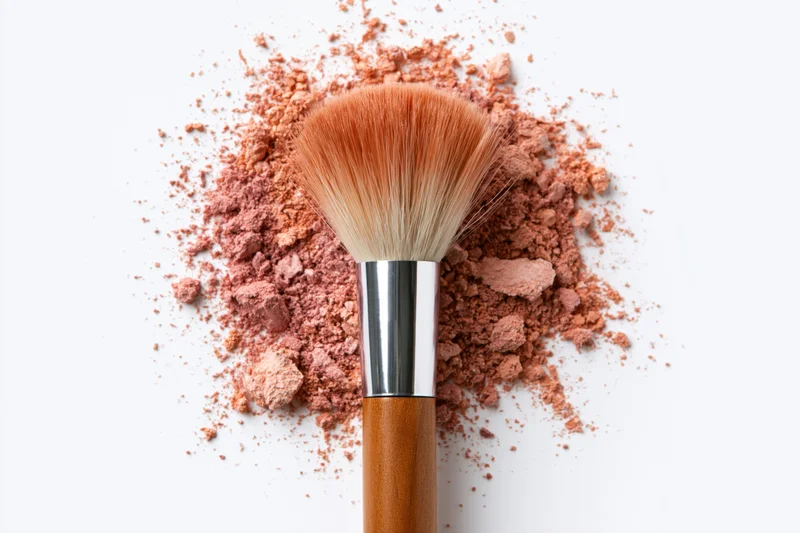 Fluffy makeup brush with wooden handle and silver ferrule resting on scattered blush powder against white background