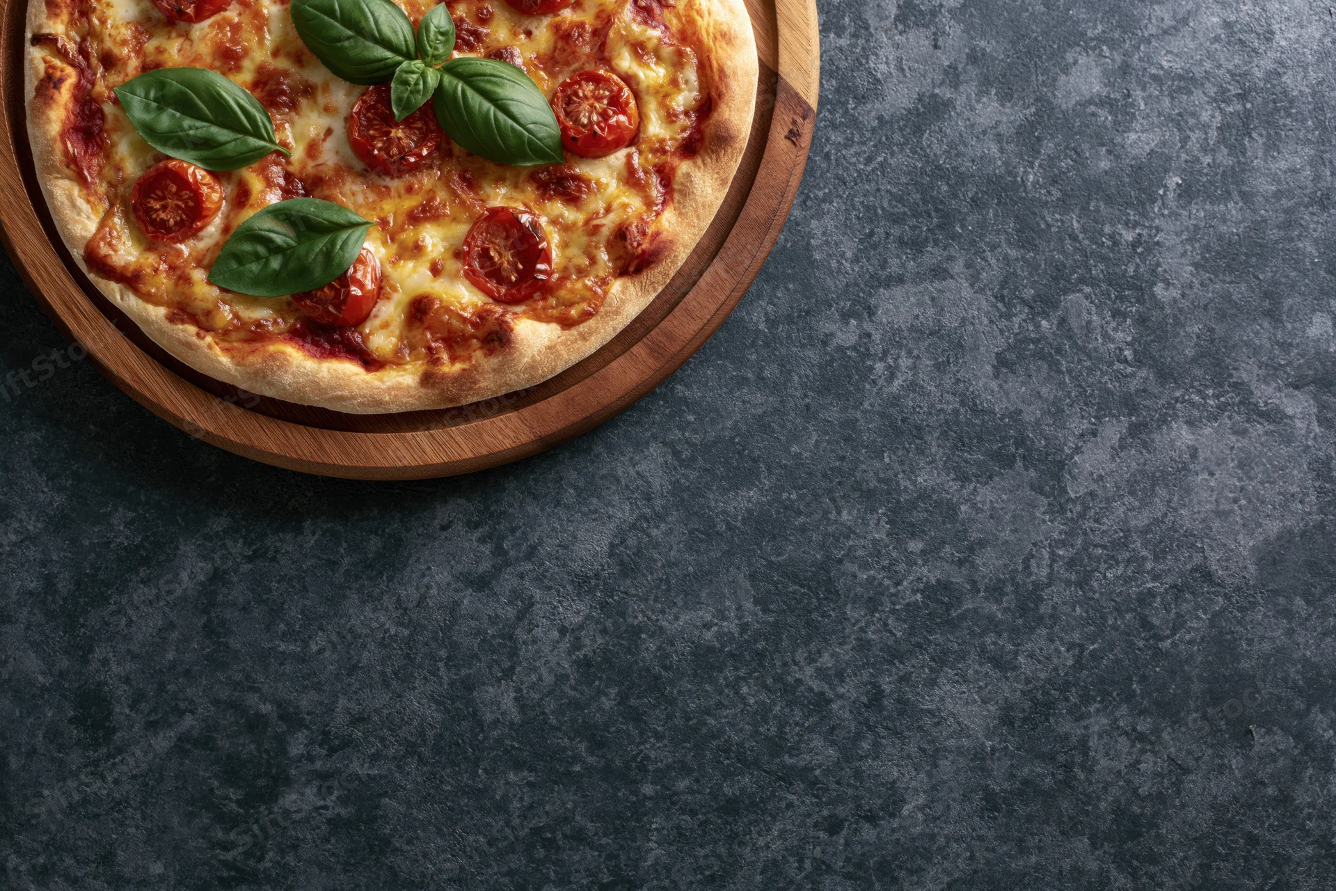 Margherita pizza with fresh basil and tomato slices on a wooden tray on dark stone surface