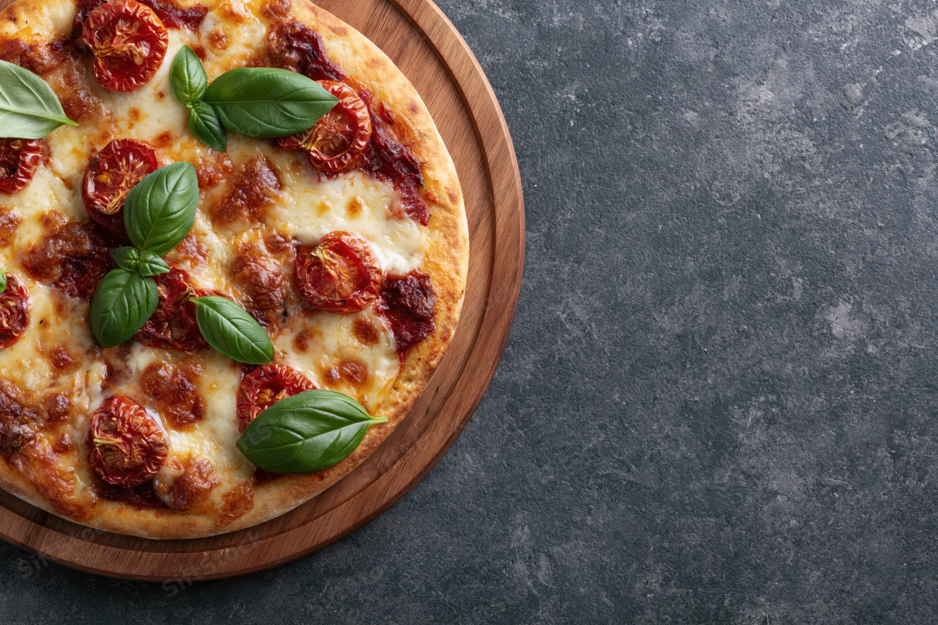 Margherita pizza with melted cheese, dried tomatoes, and fresh basil leaves on a wooden serving tray, placed on a dark stone surface with copyspace on the right