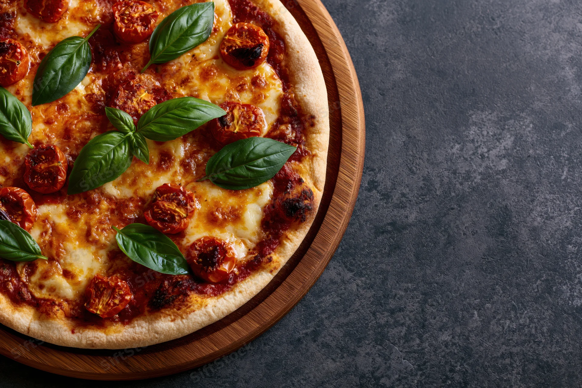 Margherita pizza with melted cheese, cherry tomatoes and basil leaves on a round wooden serving board placed on a dark stone surface
