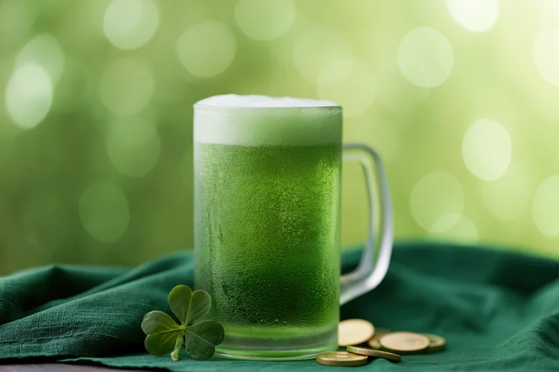 Frosted glass mug of green beer with foam, clover, and coins on green cloth against bokeh background