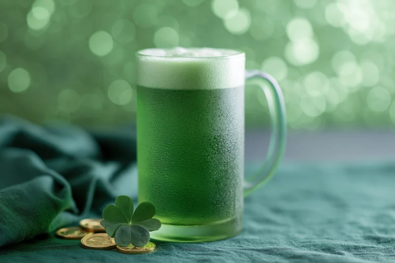 Frosted glass mug of green beer with foam head on green cloth beside four-leaf clover and gold coins