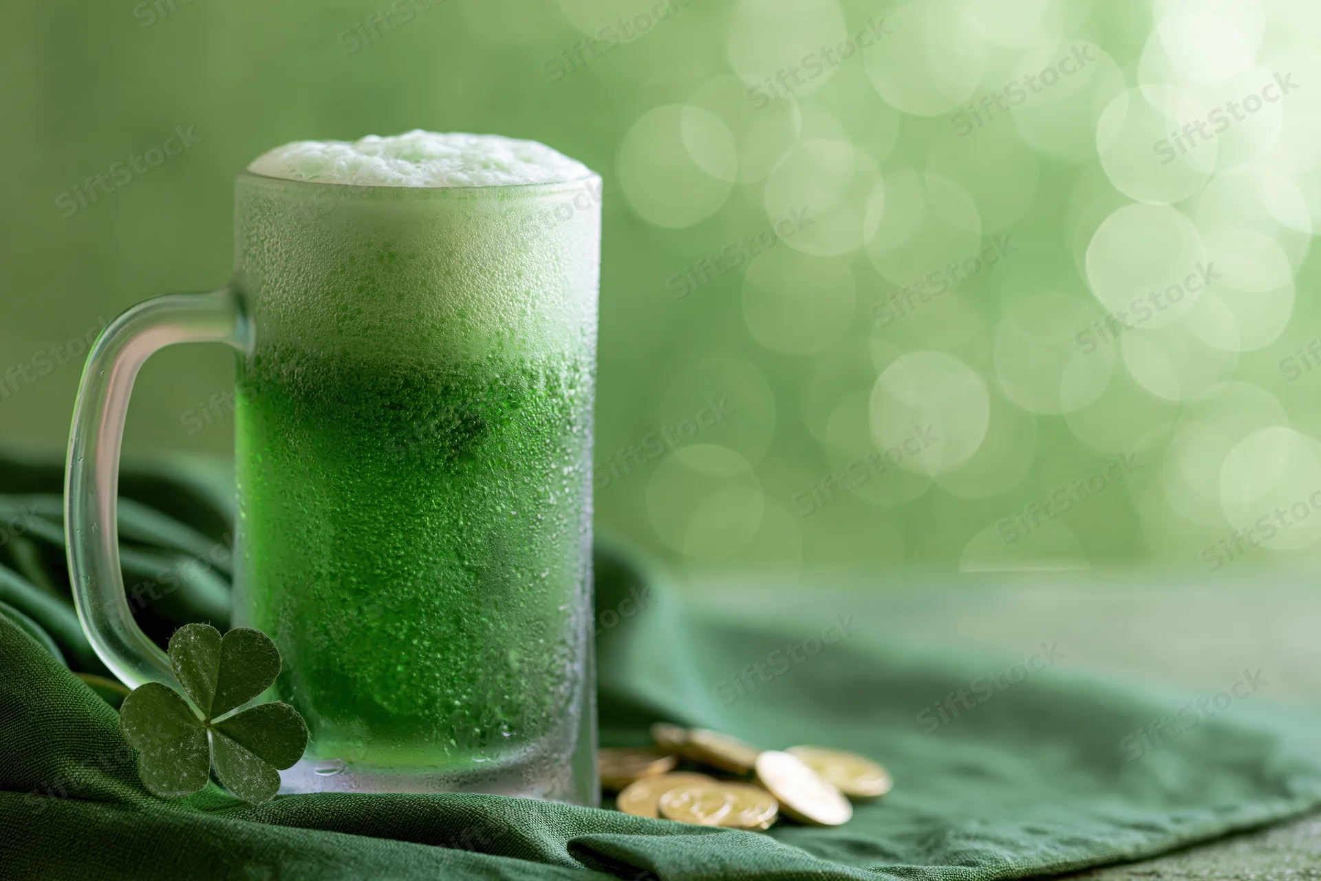 Frosted glass mug of green beer with foam, clover, and coins on green cloth against bokeh background