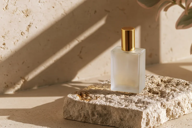 Frosted glass perfume bottle with gold spray cap on stone block in sunlit interior