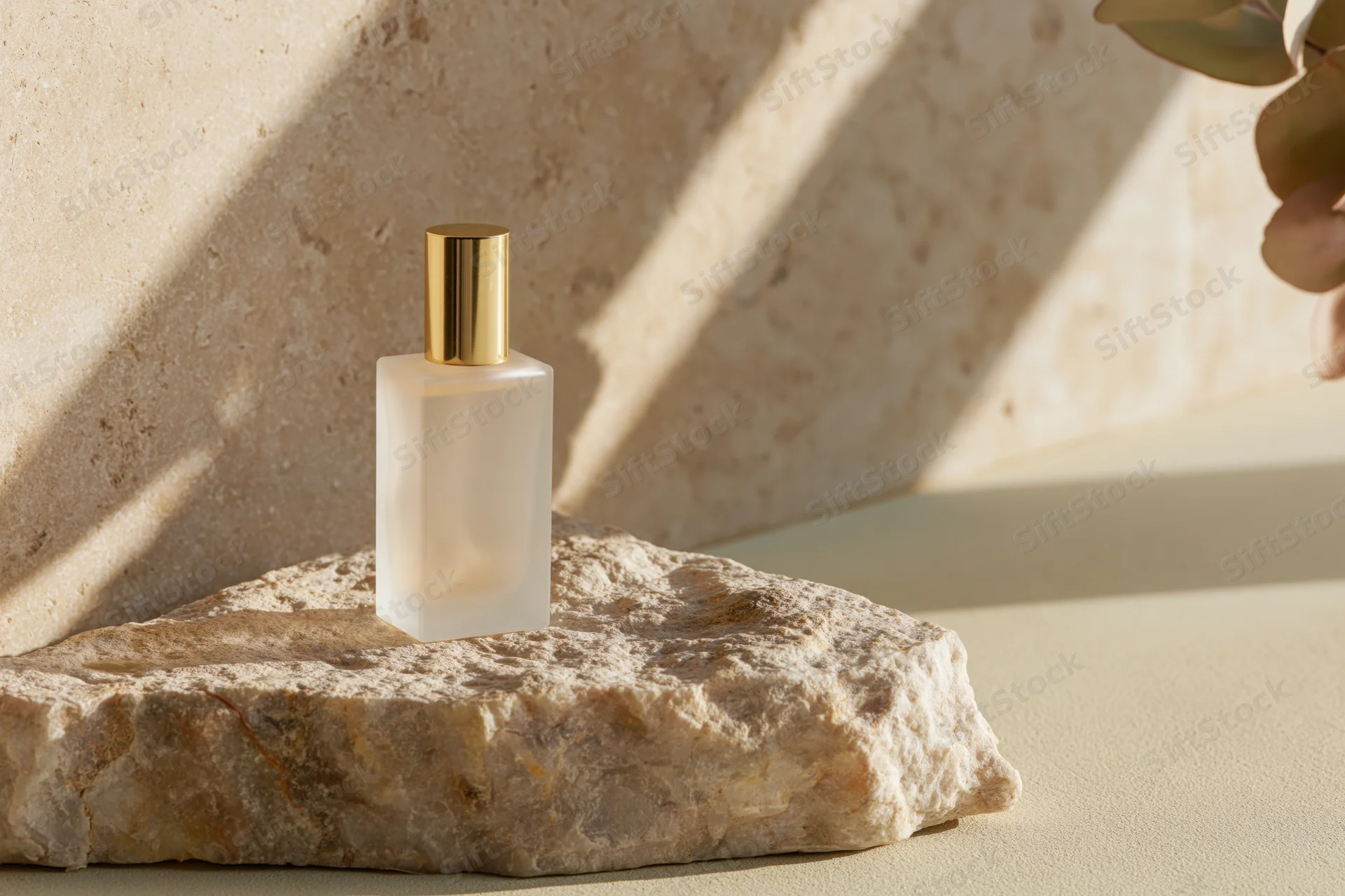 Frosted glass perfume bottle with gold spray cap resting on a stone slab in soft sunlight