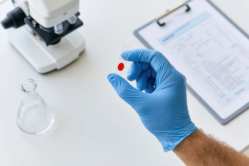 Hand in blue nitrile glove holding a glass microscope slide with red blood sample in a lab setting