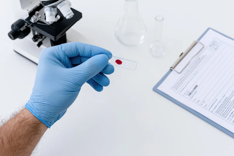 Gloved hand holding a blood-stained microscope slide in a laboratory setting