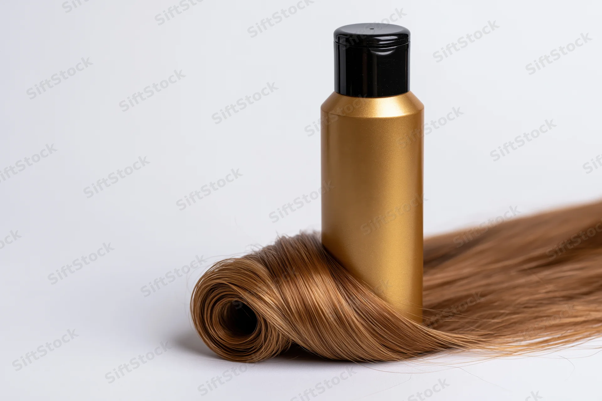 Gold shampoo bottle with black cap standing on a coiled hair strand against white background