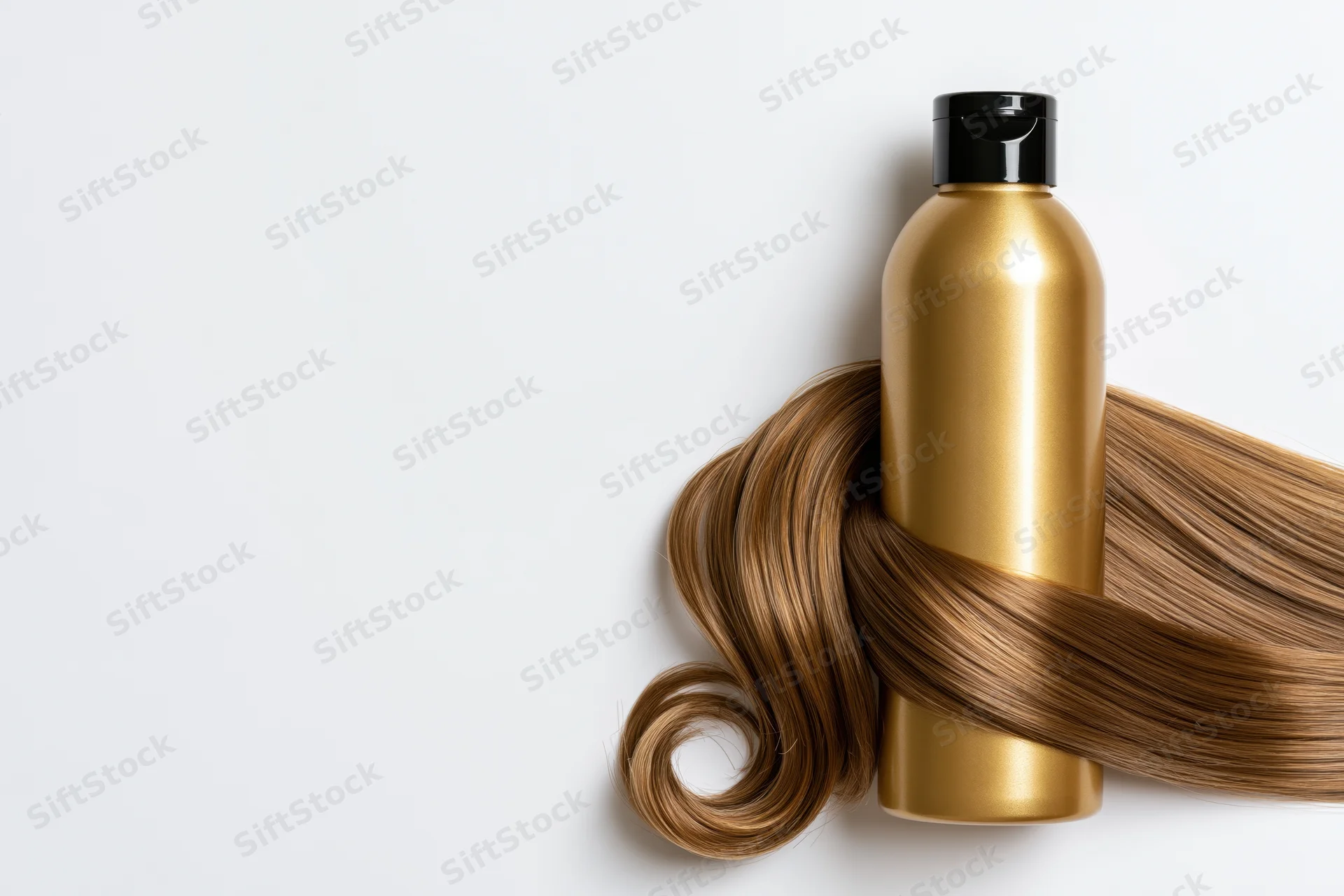Gold shampoo bottle with black cap surrounded by long brown hair on white background