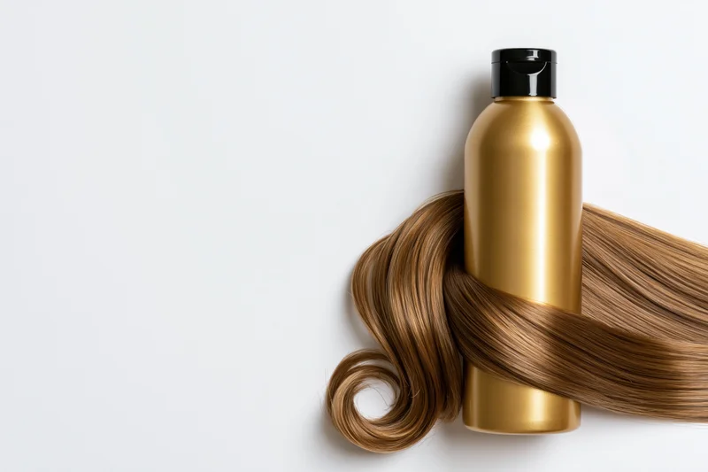 Gold shampoo bottle with black cap surrounded by long brown hair on white background