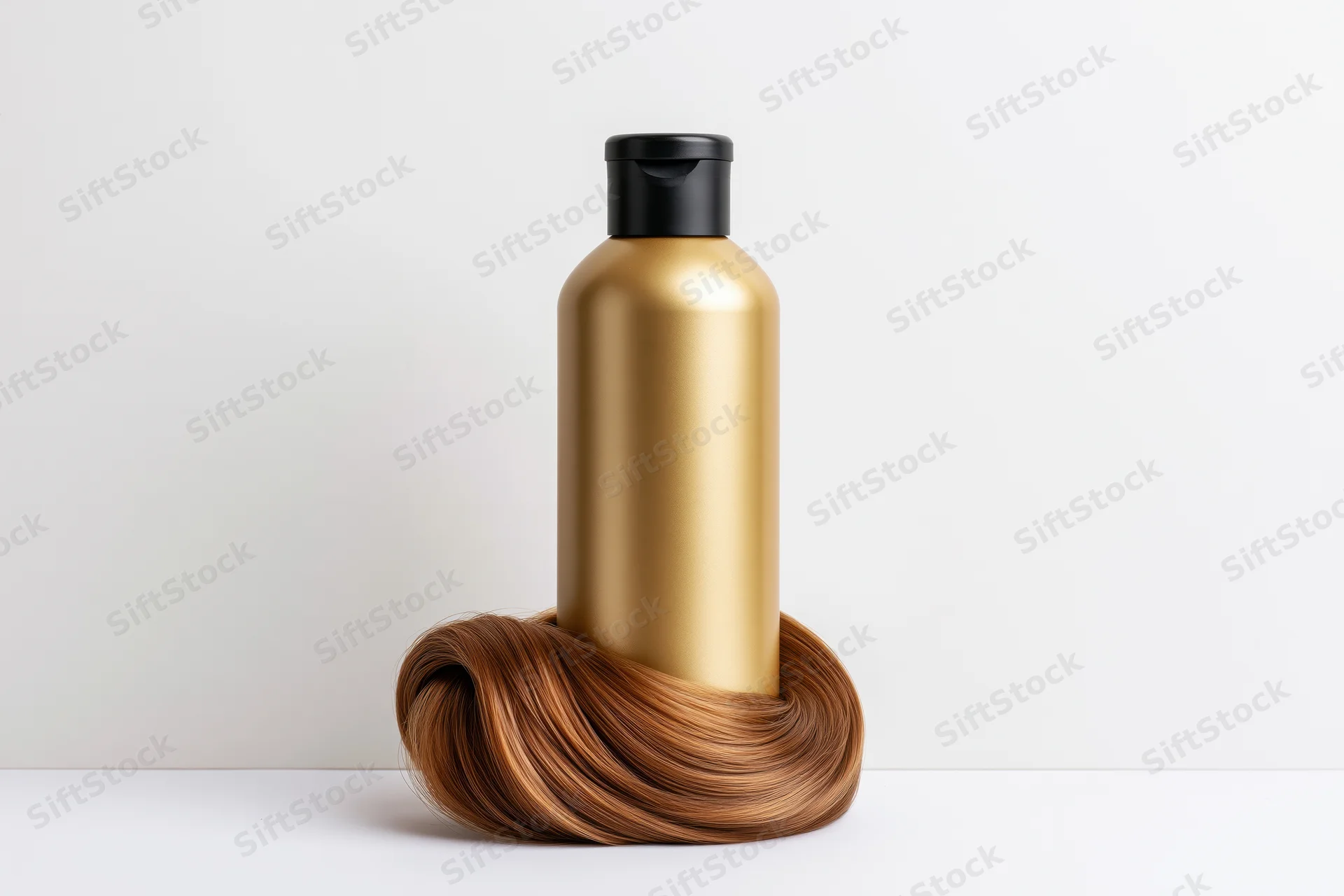 Gold shampoo bottle with black cap surrounded by a coil of brown hair on white surface