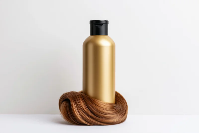 Gold shampoo bottle with black cap surrounded by a coil of brown hair on white surface