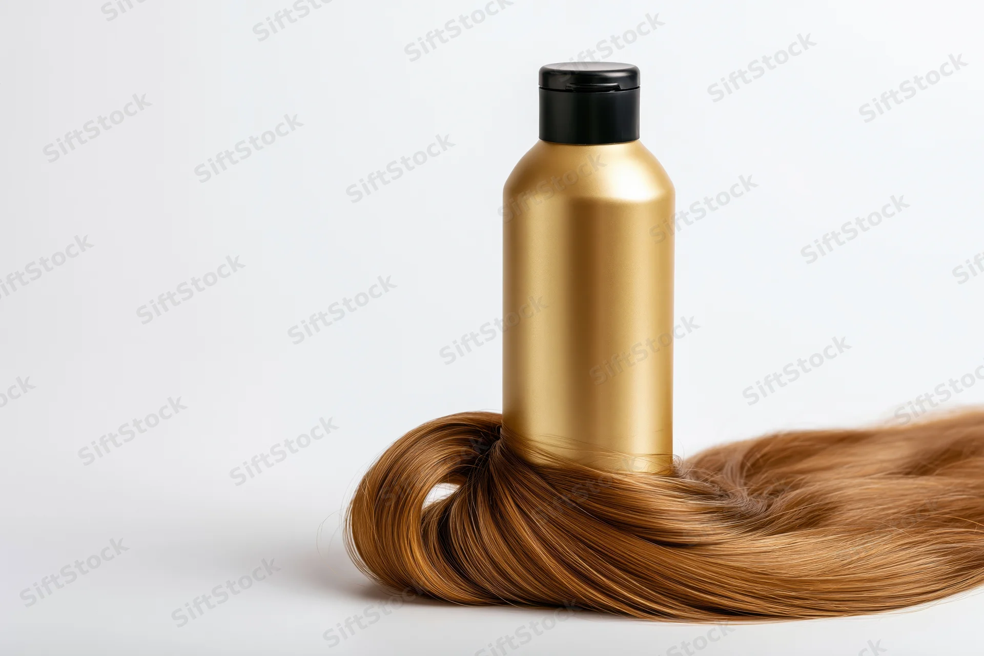 Gold shampoo bottle with black cap standing on a bundle of brown hair against white background
