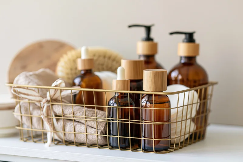 Gold wire basket holding amber glass dropper and pump bottles with bamboo caps and bath accessories on bathroom countertop