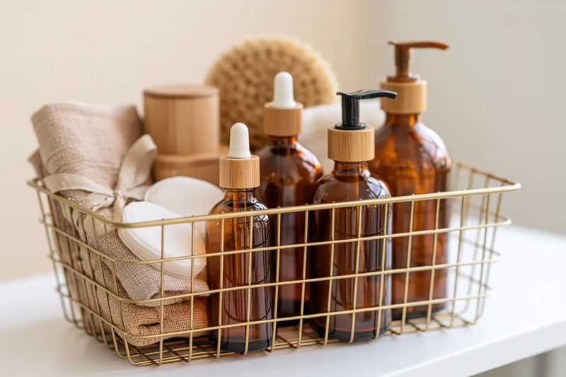 Gold wire basket holding amber glass bottles and bath accessories on a white countertop