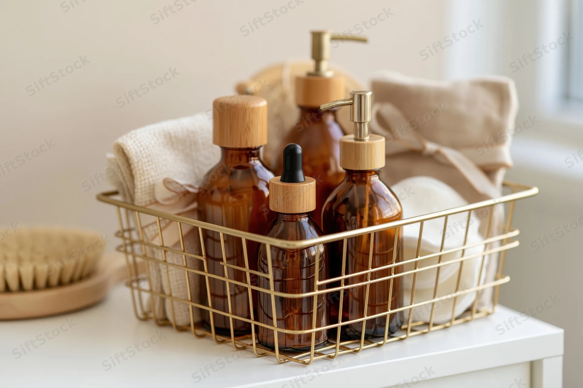 Gold wire basket holding amber glass bottles and cloths on a white vanity