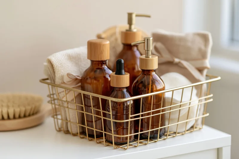 Gold wire basket holding amber glass bottles and cloths on a white vanity