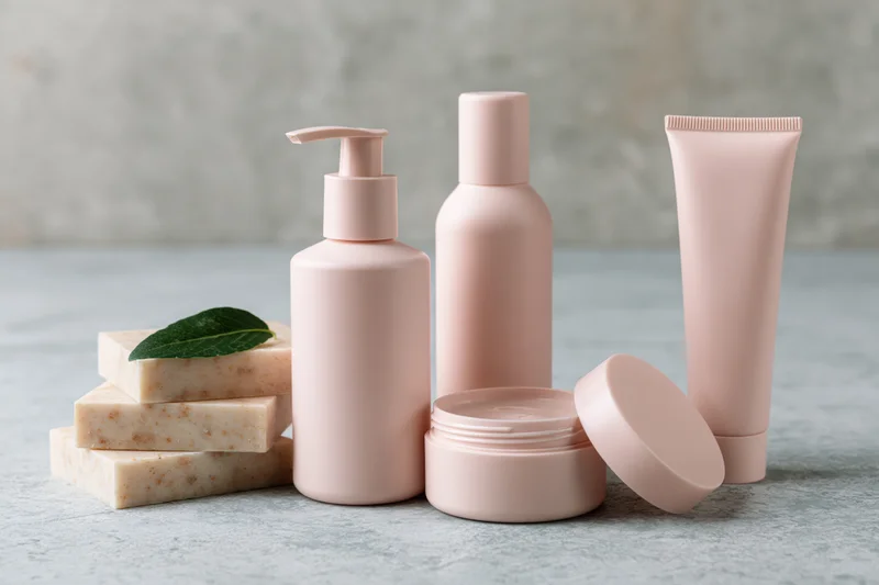 Matte blush-pink skincare containers and natural soap bars arranged on a gray surface