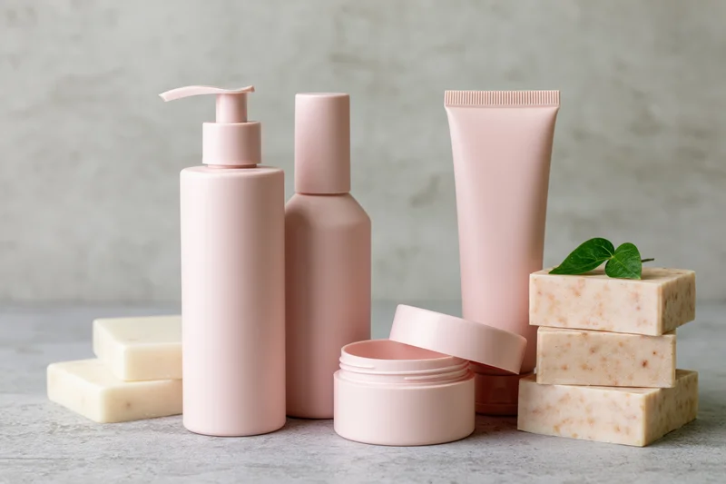 Matte blush-pink skincare containers and soap bars arranged on a concrete surface