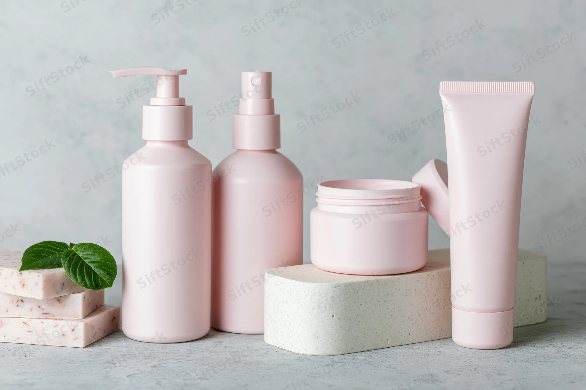 Matte pink skincare containers arranged on stone blocks with soap and leaf on gray surface