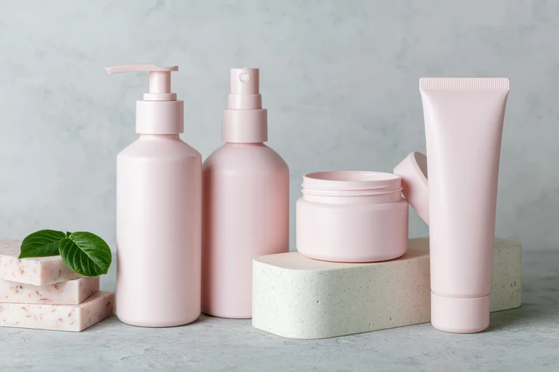 Matte pink skincare containers arranged on stone blocks with soap and leaf on gray surface