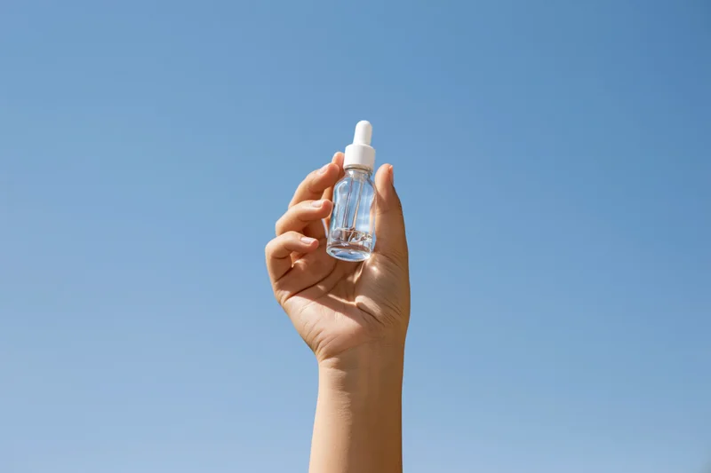 Hand holding a clear glass dropper bottle against a blue sky