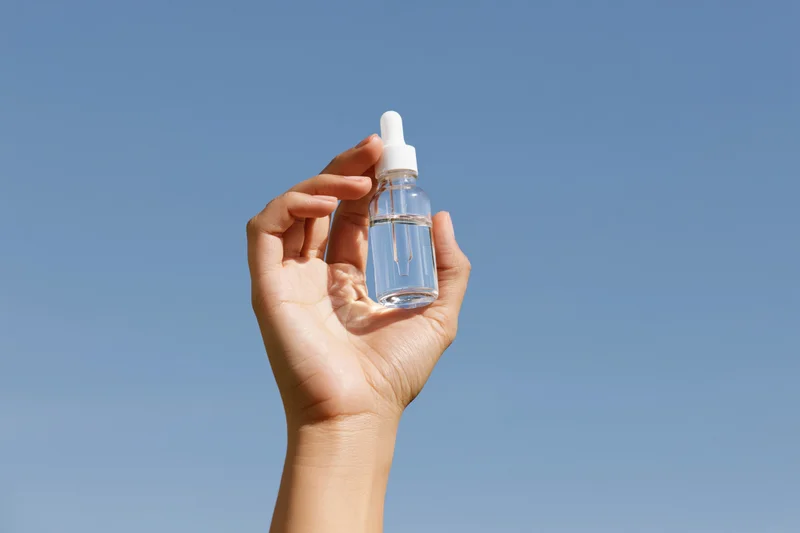 Hand holding a clear glass dropper bottle against a blue sky outdoors