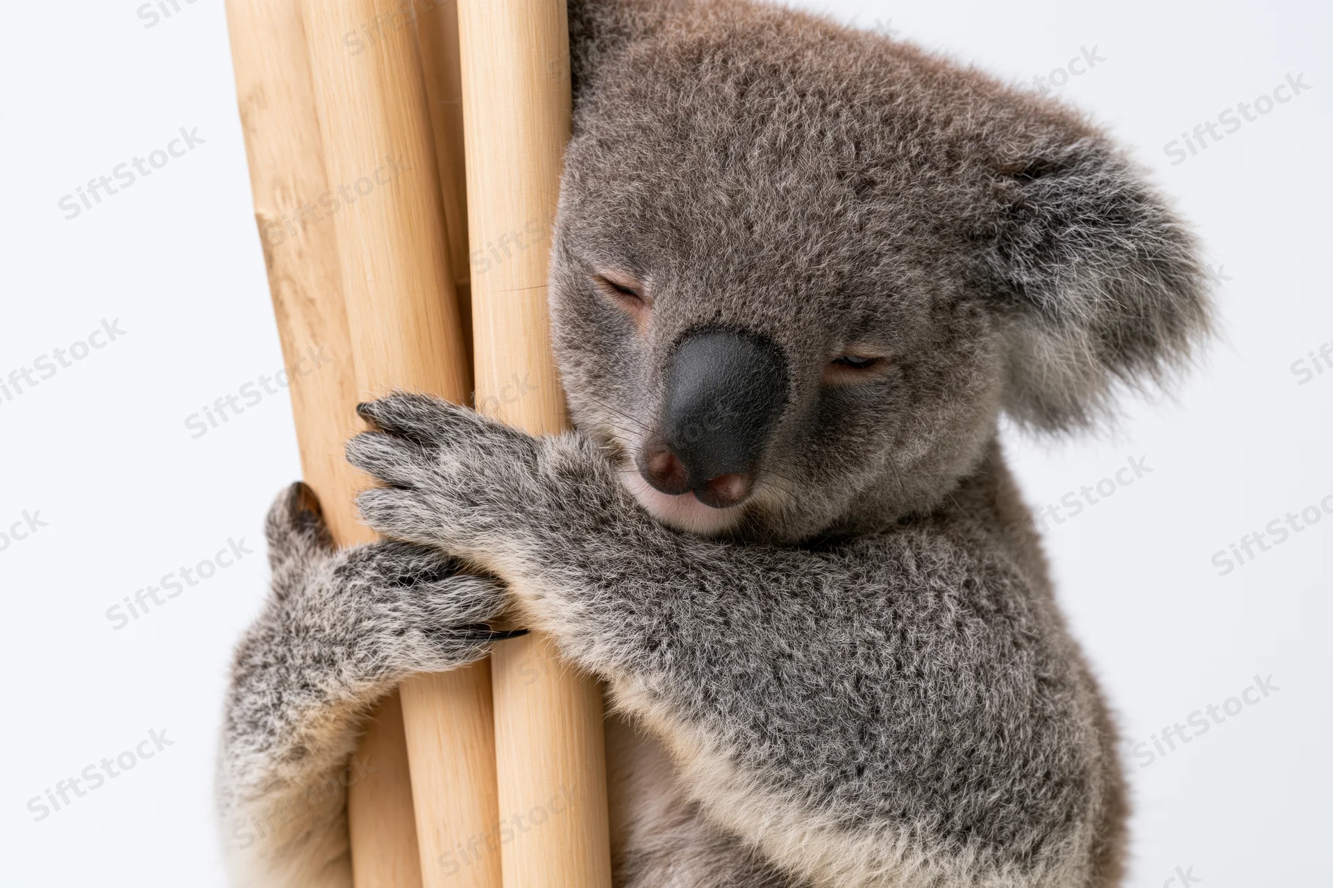 Koala resting its head and gripping a bamboo cluster against a white background