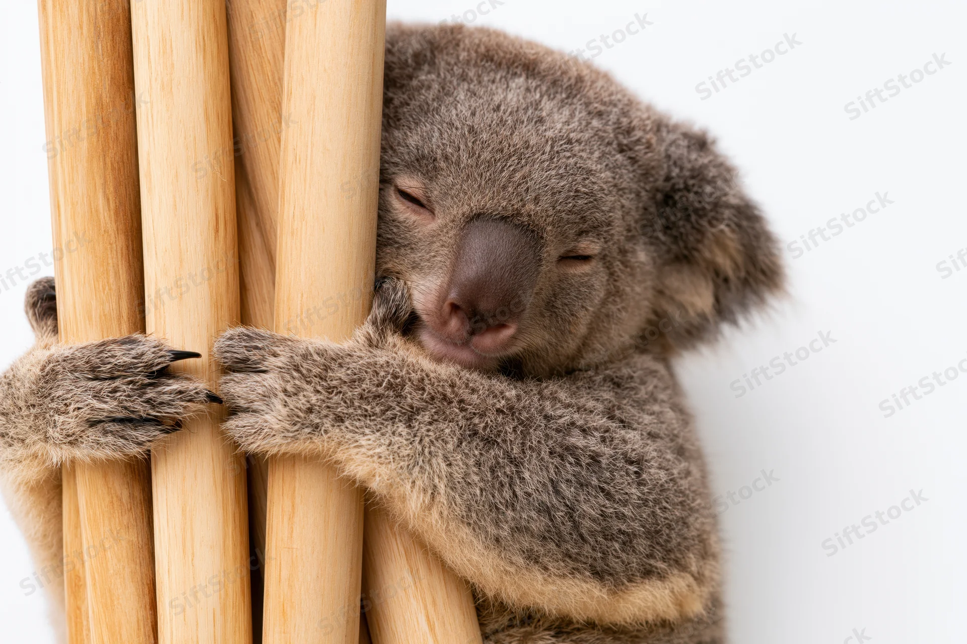 Koala sleeping and hugging bamboo stalks against a white background