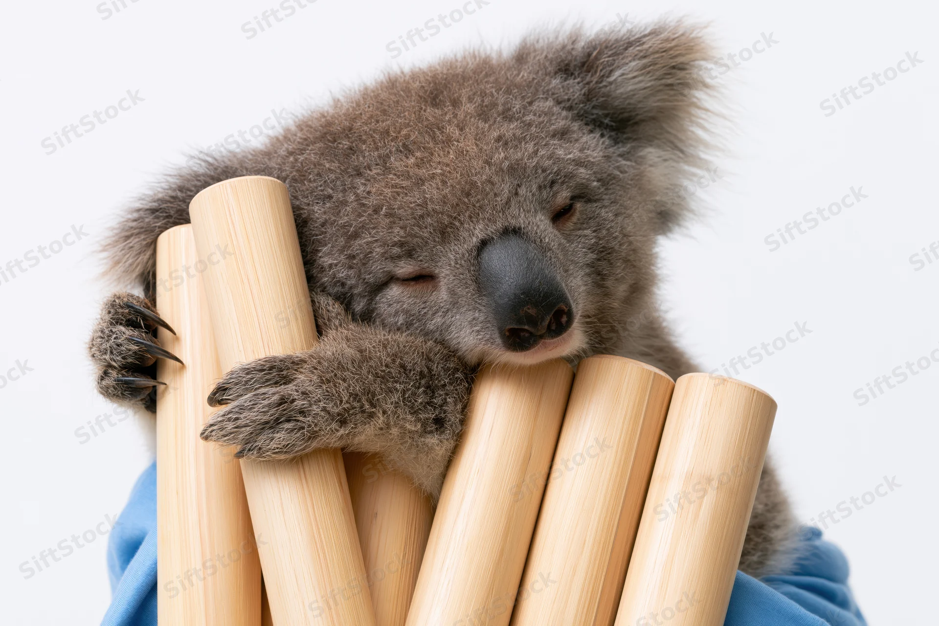 Sleeping koala resting head on bamboo bundle, wrapped in blue cloth, isolated on white background