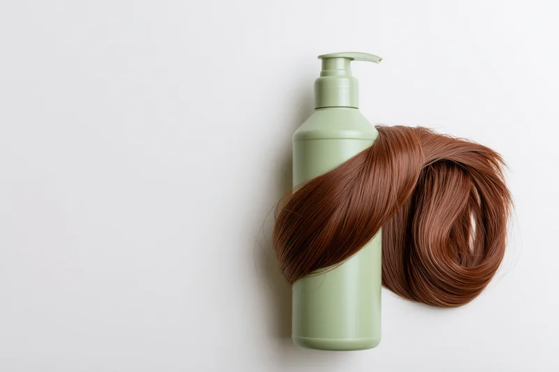 Light green pump bottle with glossy brown hair strand wrapped around it on white surface