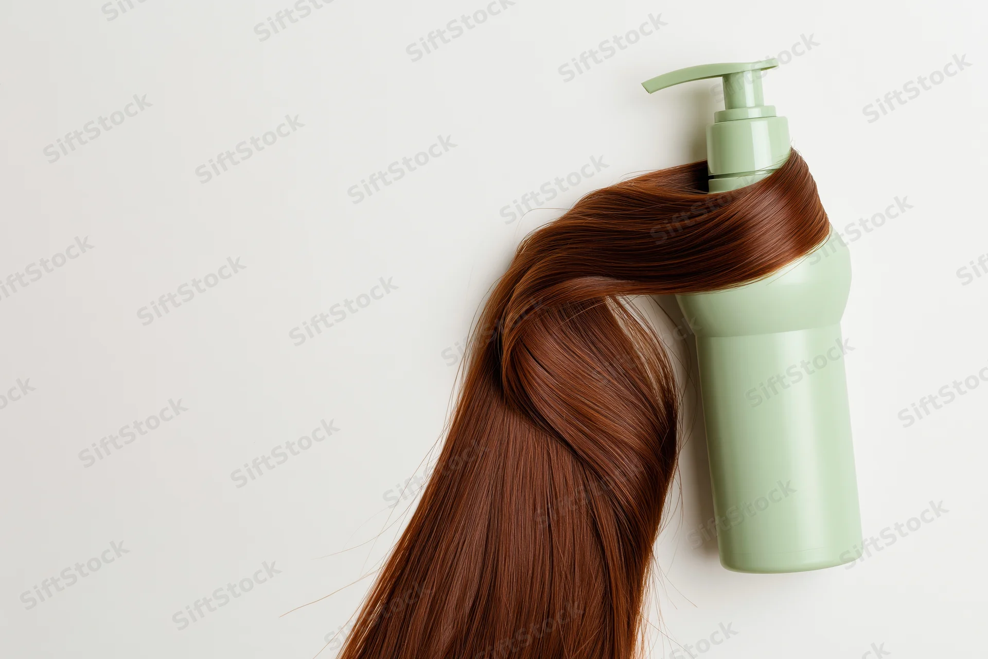 Long brown hair wrapped around a light green pump bottle on white background