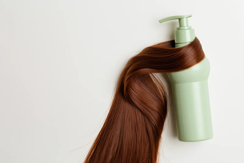 Long brown hair wrapped around a light green pump bottle on white background