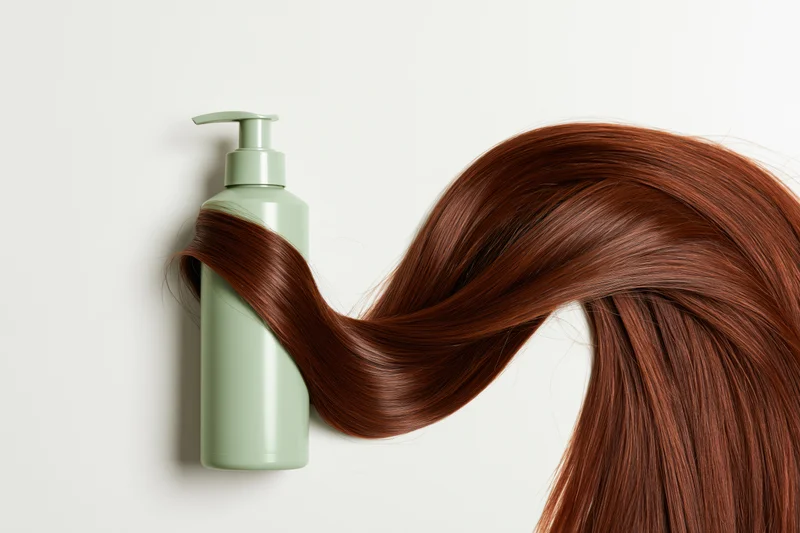 Glossy brown hair flowing around a light green pump dispenser bottle on a white background