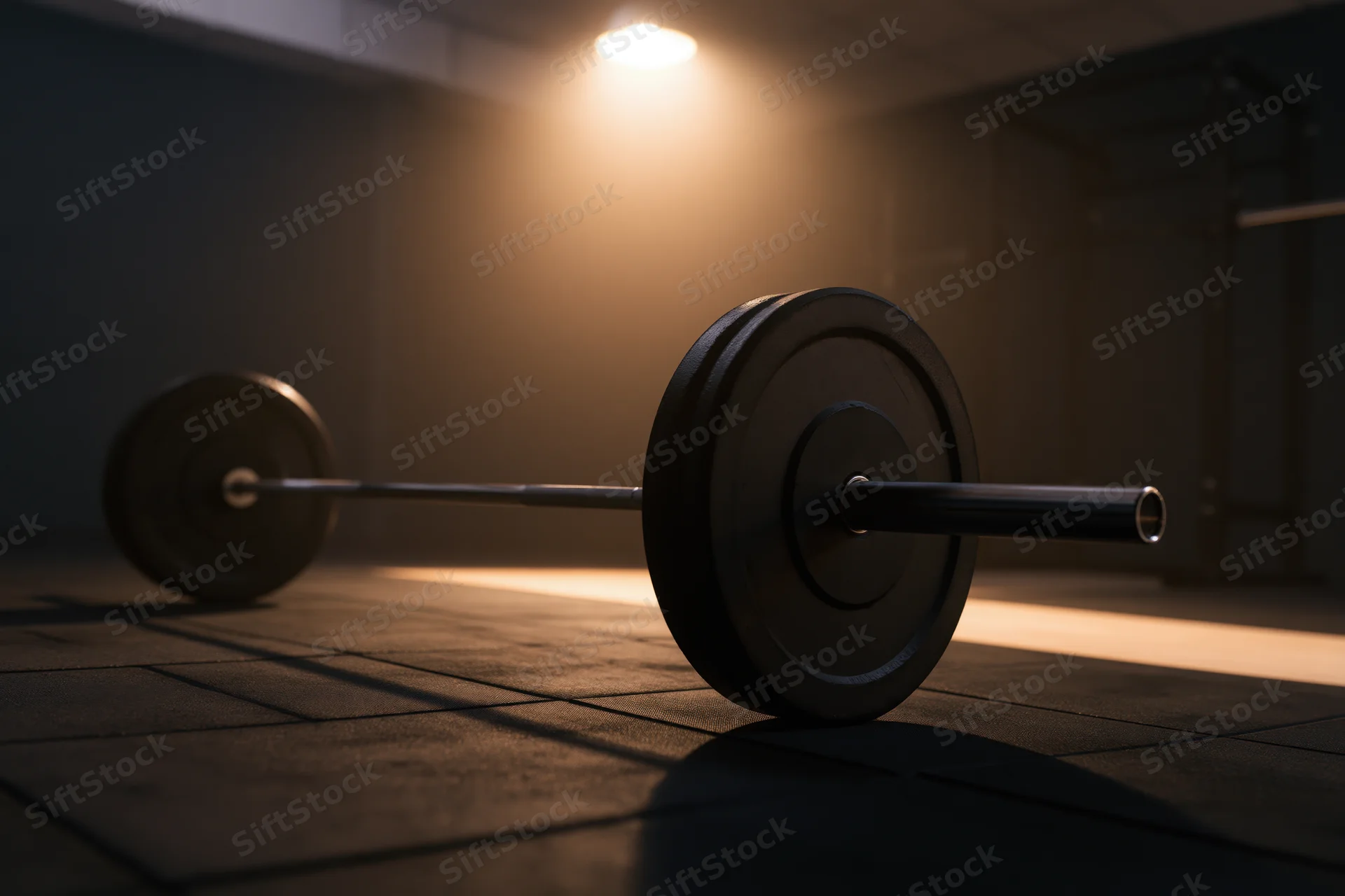 Loaded barbell resting on dark gym floor with rubber mat tiles under spotlight